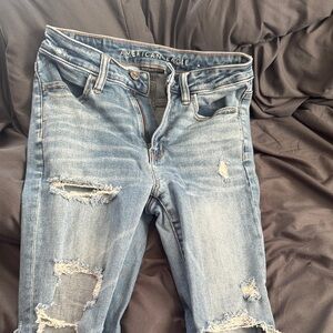 American Eagle Outfitters Women's Light Blue Ripped Skinny Jeans